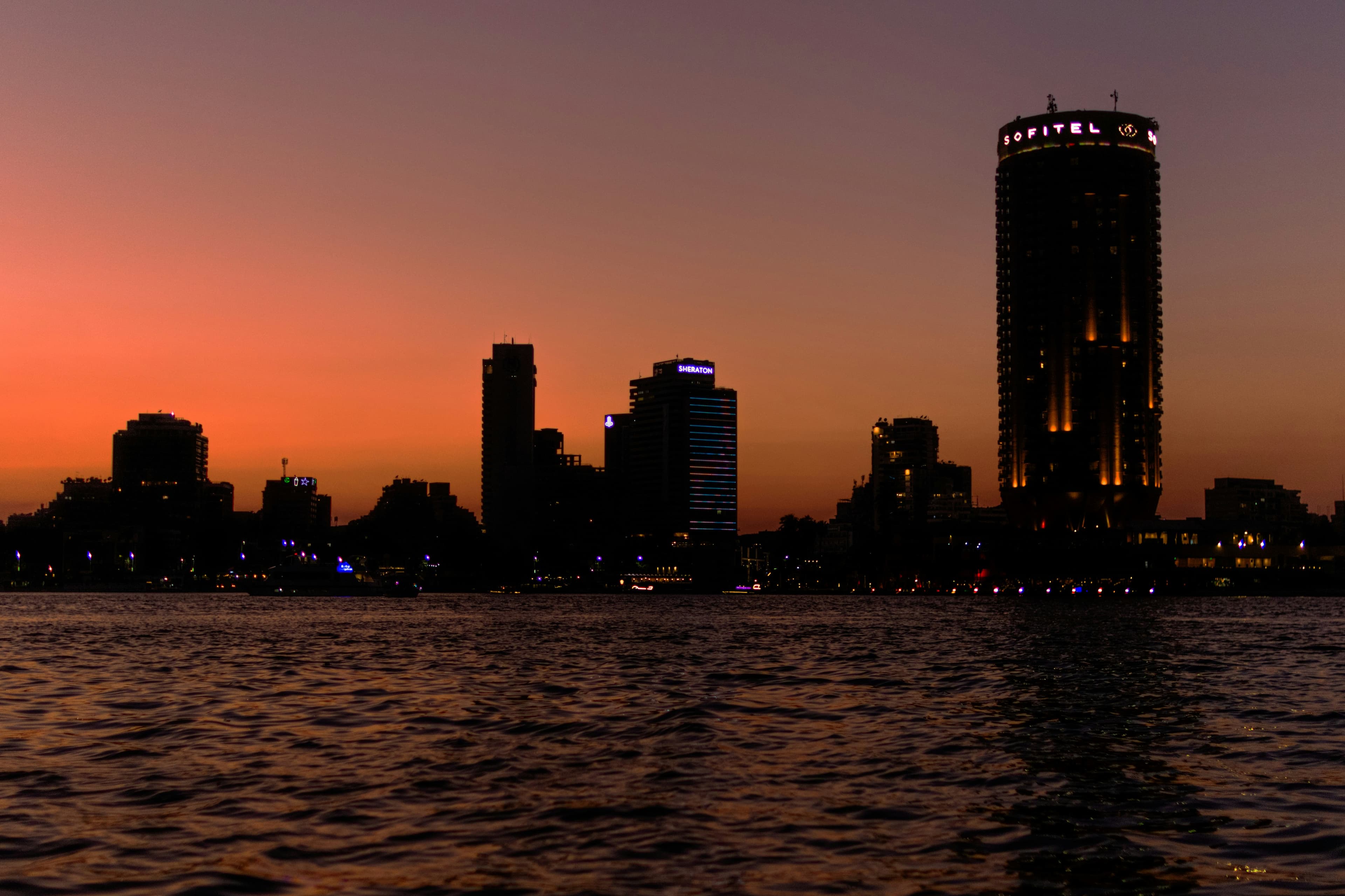 The Nile and Cairo's towers at dusk